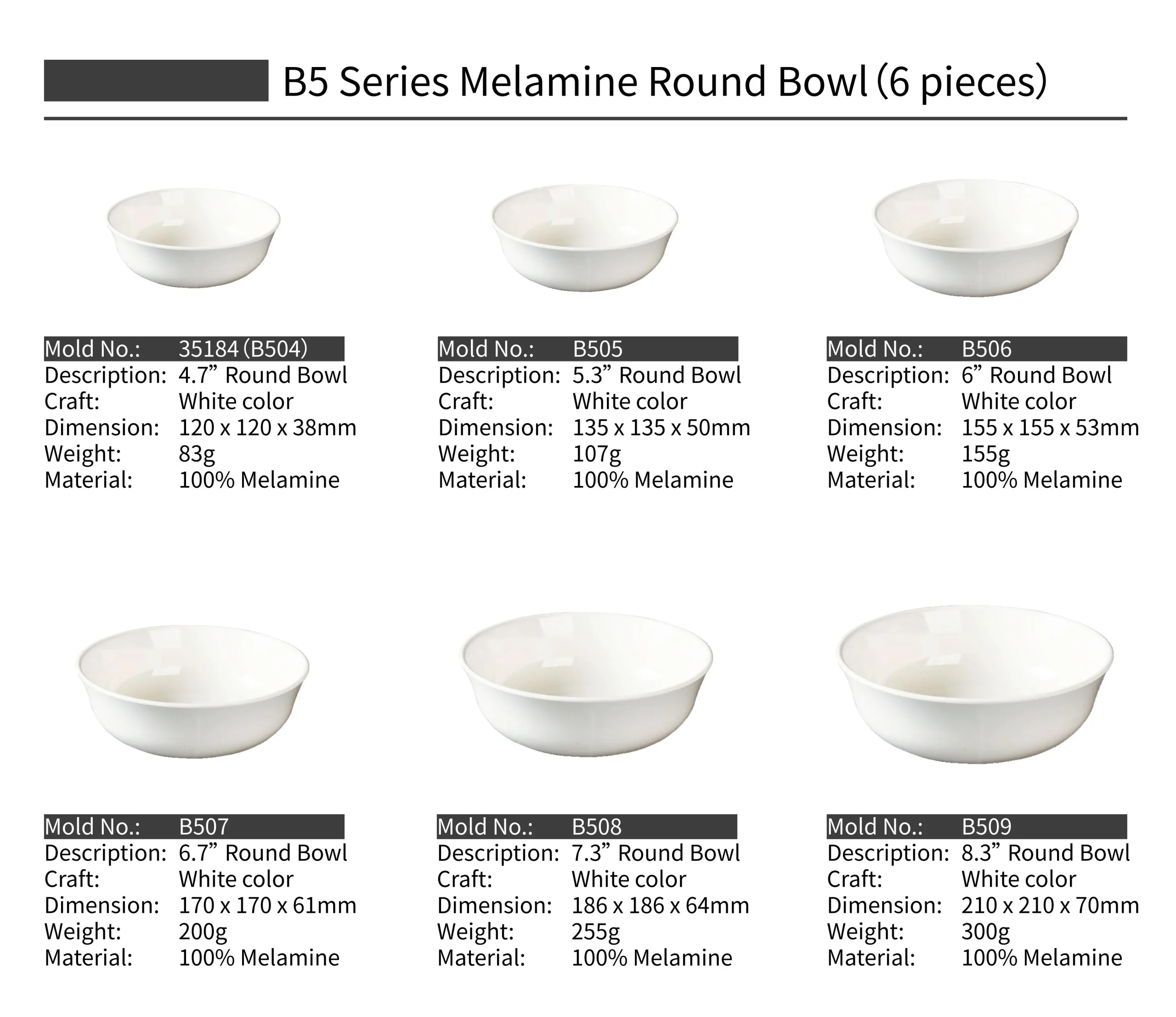 Thousand Perfection B5 Series Melamine Round Bowl（6 pieces）